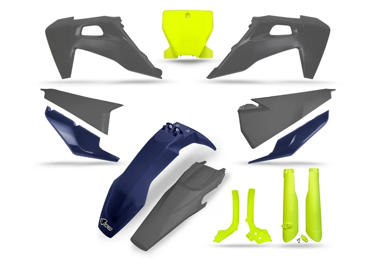 Kit de plástica UFO amarillo flúor, azul y gris, Husqvarna TC , todos los modelos, 2019-2021