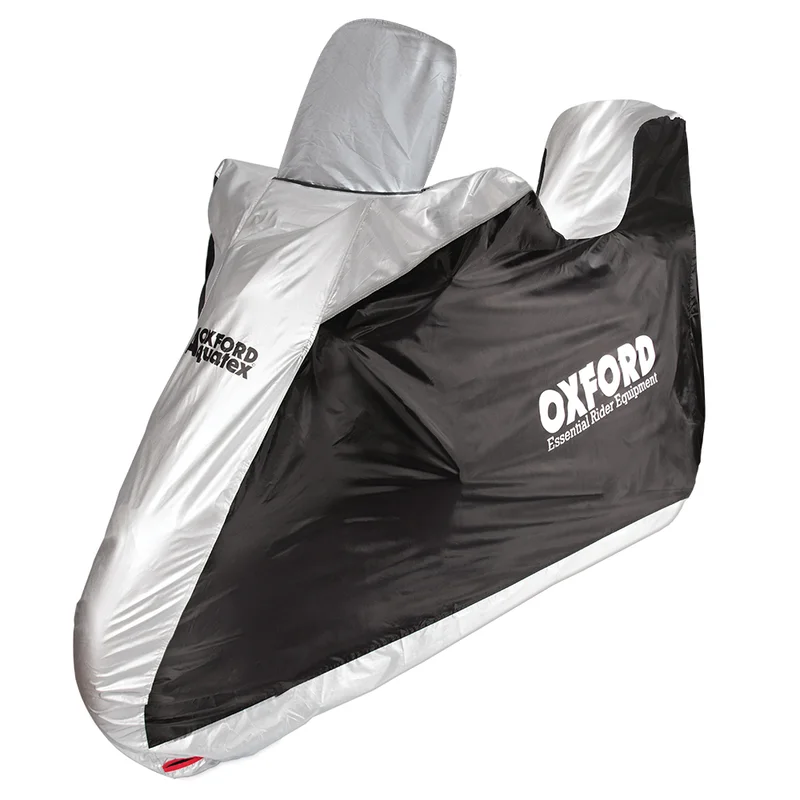 Funda de moto para exterior OXFORD Aquatex - Moto / Scooter con baúl y pantalla grande - Negro / Plata - S