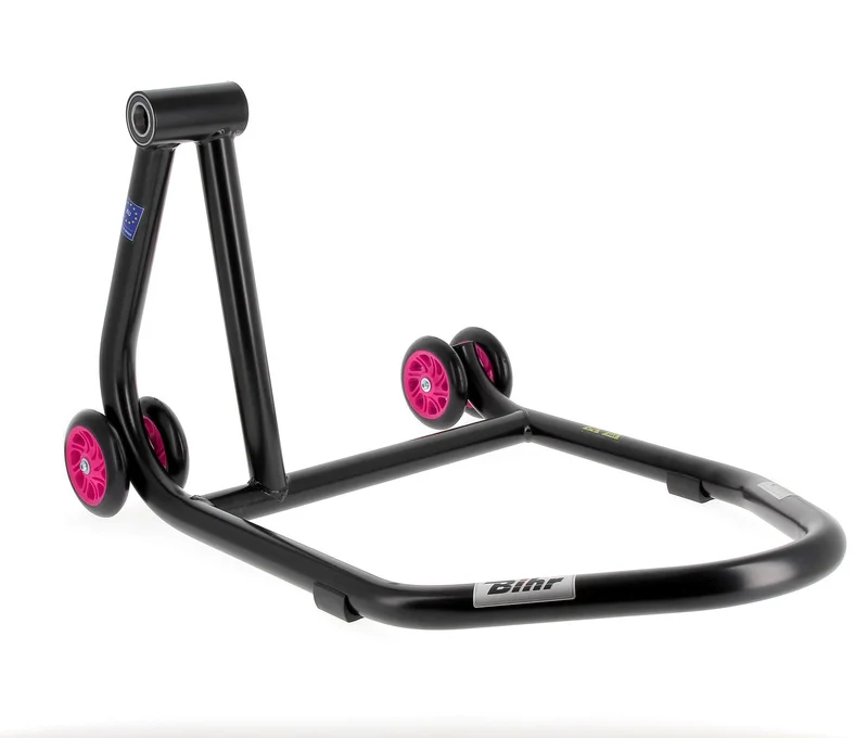 Caballete monobrazo izquierdo BIHR Home Track color negro mate y ruedas rosas