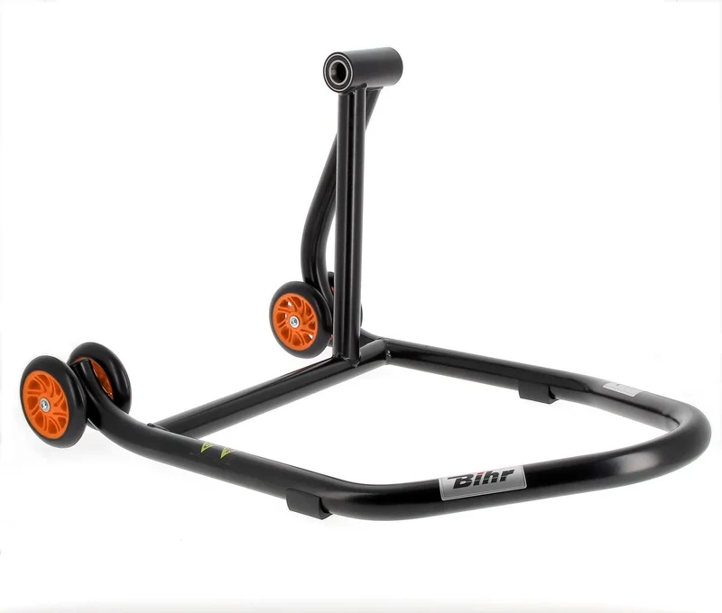 Caballete monobrazo derecho BIHR Home Track color negro mate y ruedas naranjas