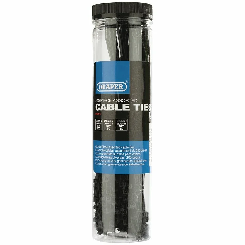 Bridas de nylon DRAPER de varios tamaños Negro 200 piezas